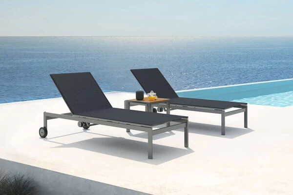 OUTFLEXX 2er-Set Rollliege, Schwarz, Edelstahl/Teak, 212x71x36cm, Mit Beistelltisch 45x45cm 3 OUTFLEXX 2er-Set Rollliege, Schwarz, Edelstahl/Teak, 212x71x36cm, Mit Beistelltisch 45x45cm