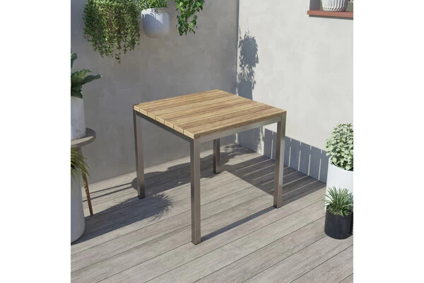 OUTFLEXX Esstisch, Silber/natur, Edelstahl/ Recyceltes FSC®-Teakholz, 90x90cm, Rustikal Gebürstet 3 OUTFLEXX Esstisch, Silber/natur, Edelstahl/ Recyceltes FSC®-Teakholz, 90x90cm, Rustikal Gebürstet