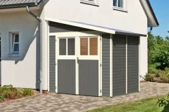 KARIBU Anlehnhaus Bomlitz 2, Terragrau, Fichtenholz 19mm, 255 X 181 X 243 Cm, Pultdach, Exkl. Fußboden