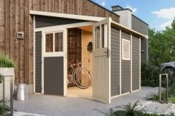 KARIBU Anlehnhaus Bomlitz 3, Terragrau, Fichtenholz 19mm, 255 X 268 X 243 Cm, Pultdach, Exkl. Fußboden