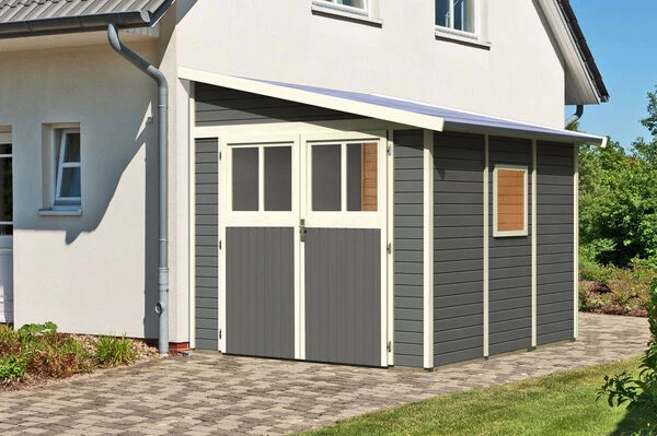 KARIBU Anlehnhaus Bomlitz 3, Terragrau, Fichtenholz 19mm, 255 X 268 X 243 Cm, Pultdach, Exkl. Fußboden 4 KARIBU Anlehnhaus Bomlitz 3, Terragrau, Fichtenholz 19mm, 255 X 268 X 243 Cm, Pultdach, Exkl. Fußboden – Bild 2