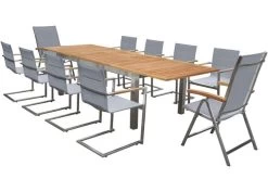 OUTFLEXX Set, Silber, 200/300 X 100 Cm, Edelstahl/Teak, Ausziehtisch, 8 Stühle Padded, 2 Multipositionssessel