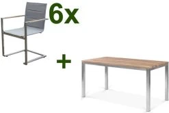 OUTFLEXX Esstischgarnitur, Edelstahl / FSC-Teak, Tisch 150x80cm, 6 Freischwinger Padded, Taupe