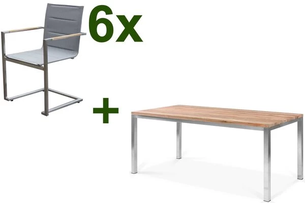 OUTFLEXX Esstischgarnitur, Edelstahl / FSC-Teak, Tisch 180 X 90 Cm, 6 Freischwinger Padded, Taupe 3 OUTFLEXX Esstischgarnitur, Edelstahl / FSC-Teak, Tisch 180 X 90 Cm, 6 Freischwinger Padded, Taupe