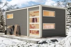 KARIBU Saunahaus Hygge, Fichtenholz 38mm, Fronteinstieg, Ca. 13,7m²