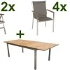 STERN Cardiff Esstischgruppe, Silber/taupe, Edelstahl/FSC-Teak, Tisch 200/300 X 100 Cm, 4 Stapel-, 2 Multipositionssessel
