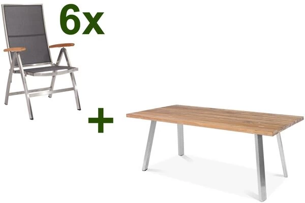 STERN Cardiff Esstischgruppe, Silber/silbergrau, Edelstahl/Teak, Tisch A-Gestell 220 X 100 Cm, 6 Multipositionssessel 3 STERN Cardiff Esstischgruppe, Silber/silbergrau, Edelstahl/Teak, Tisch A-Gestell 220 X 100 Cm, 6 Multipositionssessel