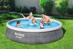 BESTWAY Fast Set Pool, Grau (Rattanoptik), TriTech, Ø 396 X 84 Cm, Mit Filterpumpe, Selbstaufbauend