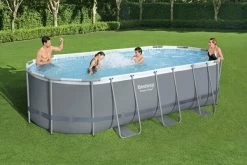 BESTWAY Power Steel Pool Komplett-Set, Grau, TriTech, 549x274x122cm, Oval, Mit Filterpumpe, Leiter, Abdeckplane