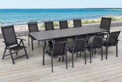 OUTFLEXX Esstischgarnitur, OUTFLEXX® Anthrazit Matt, Alu / HPL / Textil, Tisch 180/280x100cm, 8 Stapelsessel, 2 Multipo