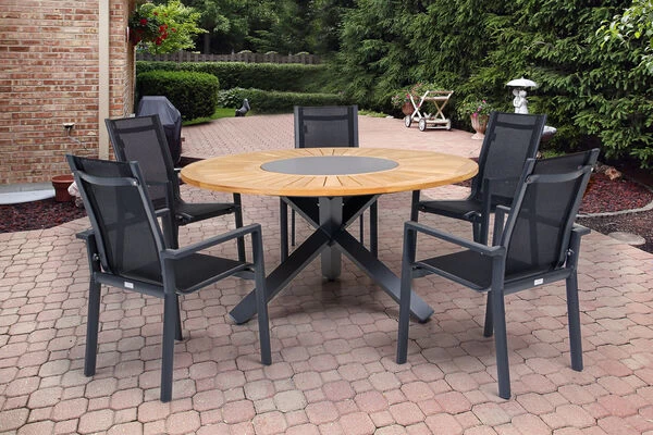 OUTFLEXX Esstischgarnitur, OUTFLEXX® Anthrazit Matt, Alu / Teak / Textil, Esstisch Ø 150 Cm, 5 Stapelsessel 3 OUTFLEXX Esstischgarnitur, OUTFLEXX® Anthrazit Matt, Alu / Teak / Textil, Esstisch Ø 150 Cm, 5 Stapelsessel