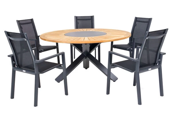 OUTFLEXX Esstischgarnitur, OUTFLEXX® Anthrazit Matt, Alu / Teak / Textil, Esstisch Ø 150 Cm, 5 Stapelsessel 4 OUTFLEXX Esstischgarnitur, OUTFLEXX® Anthrazit Matt, Alu / Teak / Textil, Esstisch Ø 150 Cm, 5 Stapelsessel – Bild 2