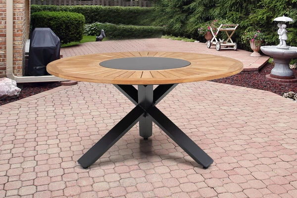 OUTFLEXX Esstischgarnitur, OUTFLEXX® Anthrazit Matt, Alu / Teak / Textil, Esstisch Ø 150 Cm, 5 Stapelsessel 6 OUTFLEXX Esstischgarnitur, OUTFLEXX® Anthrazit Matt, Alu / Teak / Textil, Esstisch Ø 150 Cm, 5 Stapelsessel – Bild 4