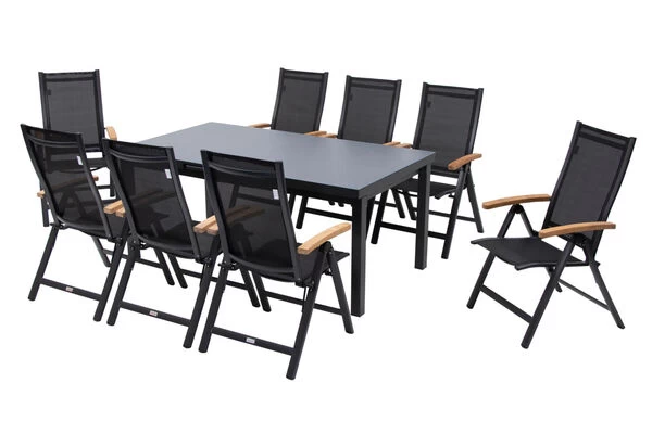 OUTFLEXX Premium Esstischgarnitur, OUTFLEXX® Anthrazit Matt, Alu / Glas / Teak, Tisch 180/240x100cm, 8 Multipositionssessel 4 OUTFLEXX Premium Esstischgarnitur, OUTFLEXX® Anthrazit Matt, Alu / Glas / Teak, Tisch 180/240x100cm, 8 Multipositionssessel – Bild 2