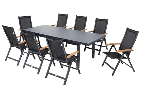 OUTFLEXX Premium Esstischgarnitur, OUTFLEXX® Anthrazit Matt, Alu / Glas / Teak, Tisch 180/240x100cm, 8 Multipositionssessel 22 OUTFLEXX Premium Esstischgarnitur, OUTFLEXX® Anthrazit Matt, Alu / Glas / Teak, Tisch 180/240x100cm, 8 Multipositionssessel – Bild 20