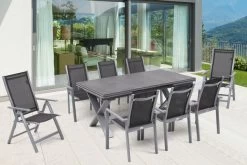 OUTFLEXX Esstischgarnitur, Silber, Alu / HPL / Textil, Tisch 180/280x100cm, 6 Stapelsessel, 2 Multipo -Warmer Garten 22227 7.jpg