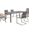 OUTFLEXX Esstischgarnitur, Silber, Edelstahl/Granit/Textil, 200x100 Cm, 4 Freischwinger, 2 Multipos, Padded, Teakarmlehnen -Warmer Garten 22770 01.jpg
