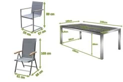 OUTFLEXX Esstischgarnitur, Silber, Edelstahl/Granit/Textil, 200x100 Cm, 4 Freischwinger, 2 Multipos, Padded, Teakarmlehnen -Warmer Garten 22770 mass.jpg