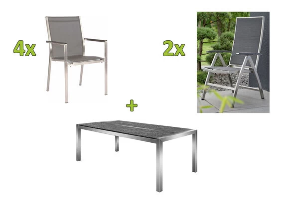 STERN Esstischgarnitur, Silbergrau/grau, Edelstahl/Textilene, Tisch 200 X 100 Cm, 2 Teilige Tischplatte, 4 Stapelsessel, 2 Multipo 3 STERN Esstischgarnitur, Silbergrau/grau, Edelstahl/Textilene, Tisch 200 X 100 Cm, 2 Teilige Tischplatte, 4 Stapelsessel, 2 Multipo