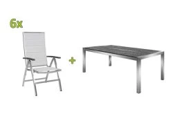 STERN Esstischgarnitur, Silber/grau, Edelstahl/Textilene, Tisch 200 X 100 Cm, 2 Teilige Tischplatte, 6 Multipositionssessel, Padded