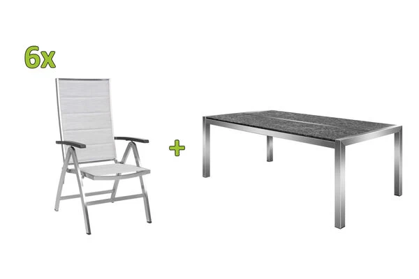 STERN Esstischgarnitur, Silber/grau, Edelstahl/Textilene, Tisch 200 X 100 Cm, 2 Teilige Tischplatte, 6 Multipositionssessel, Padded 3 STERN Esstischgarnitur, Silber/grau, Edelstahl/Textilene, Tisch 200 X 100 Cm, 2 Teilige Tischplatte, 6 Multipositionssessel, Padded