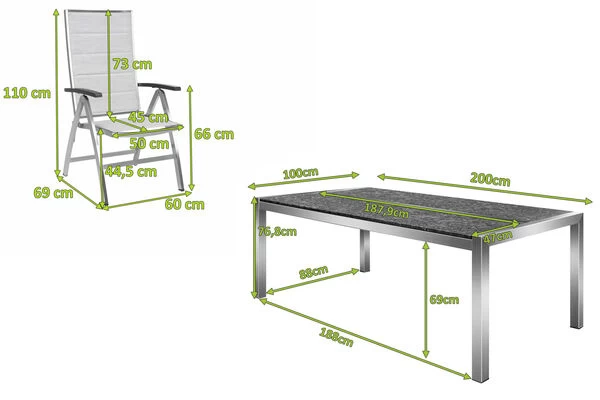 STERN Esstischgarnitur, Silber/grau, Edelstahl/Textilene, Tisch 200 X 100 Cm, 2 Teilige Tischplatte, 6 Multipositionssessel, Padded 4 STERN Esstischgarnitur, Silber/grau, Edelstahl/Textilene, Tisch 200 X 100 Cm, 2 Teilige Tischplatte, 6 Multipositionssessel, Padded – Bild 2