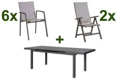 STERN New Top Esstischgarnitur, Anthrazit, Alu / Glas / Textil, Ausziehtisch 180/240x100cm, 6 Stapel-, 2 Klappsessel