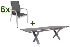 KETTLER Granada Esstischgarnitur, Silber / Anthrazit, Alu / HPL / Teak, Tisch 180/280x100cm, 6 Stapelsessel