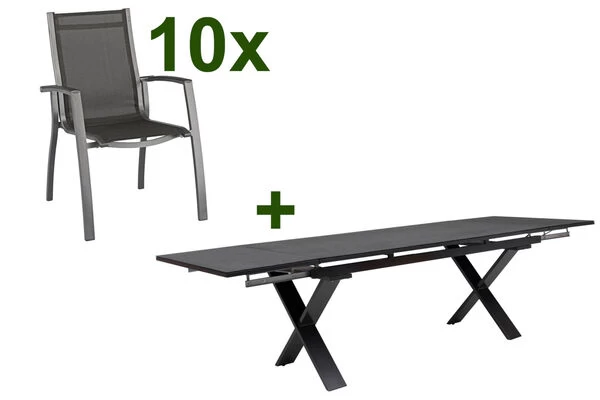 KETTLER Altura Esstischgarnitur, Anthrazit, Alu / Spraystone / Textil, Tisch 180/280x100cm, 10 Stapelsessel 3 KETTLER Altura Esstischgarnitur, Anthrazit, Alu / Spraystone / Textil, Tisch 180/280x100cm, 10 Stapelsessel