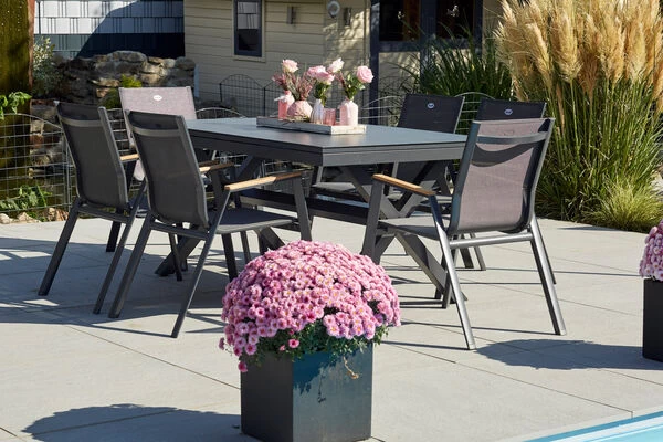 HARTMAN Xanadu / Aruba Sitzgruppe, Xerix/natur, Alu/Teak/Glaskeramik, 6 Dining Sessel, 160/220x100cm, FSC-Teak Armlehnen 3 HARTMAN Xanadu / Aruba Sitzgruppe, Xerix/natur, Alu/Teak/Glaskeramik, 6 Dining Sessel, 160/220x100cm, FSC-Teak Armlehnen