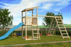 KARIBU Anna Turm, Naturbelassen, Nordische Fichte, 415x264x270cm, Mit Rutsche Blau,Doppelschaukel Und Gerüst