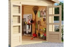 KARIBU Gartenhaus Theres 3, Naturbelassen, Fichtenholz 28mm, 767 X 240 X 242 Cm, Satteldach, 2 Dachausbauelemente -Warmer Garten 30472 1 02.jpg