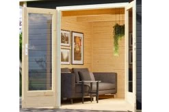 KARIBU Gartenhaus Radeburg 1, Terragrau, Fichtenholz 40mm, 664 X 309 X 229,5 Cm, Pultdach, Anbau 3,3m -Warmer Garten 30474 2 02.jpg