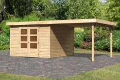 KARIBU Gartenhaus Askola 6, Naturbelassen, Fichtenholz 19mm, 591,5 X 306 X 216 Cm, Flachdach, Seitlicher Anbau 2,8m