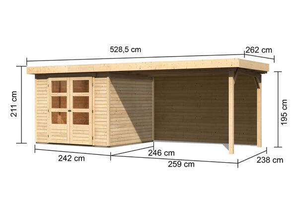 KARIBU Gartenhaus Askola 3,5, Naturbelassen, Fichtenholz 19mm, 528,5 X 246 X 211 Cm, Flachdach, Seitlicher Anbau 2,8m Mit Rückwand 7 KARIBU Gartenhaus Askola 3,5, Naturbelassen, Fichtenholz 19mm, 528,5 X 246 X 211 Cm, Flachdach, Seitlicher Anbau 2,8m Mit Rückwand – Bild 5
