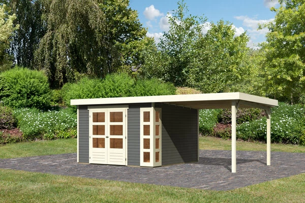 KARIBU Gartenhaus Kerko 6, Terragrau, Fichtenholz 19mm, 334 X 306 X 216 Cm, Flachdach, Anbau 2,8m 3 KARIBU Gartenhaus Kerko 6, Terragrau, Fichtenholz 19mm, 334 X 306 X 216 Cm, Flachdach, Anbau 2,8m