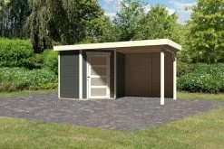 KARIBU Gartenhaus Schwandorf 3 , Terragrau, Fichtenholz 19mm, 467 X 217 X 218 Cm, Flachdach, Anbau 2,4m Mit Rückwand