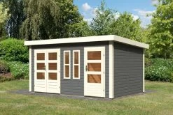 KARIBU Mittelwandhaus Schönbuch 2, Terragrau, Fichtenholz 38mm, 458 X 276 X 228 Cm, Flachdach -Warmer Garten 30573 03.jpg