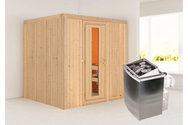 KARIBU Sodin Sauna , Naturbelassen, Fichte, 196x170x198 Cm, Fronteinstieg, Energiespartür,Ofen 4,5 KW Integr. Str. 3 KARIBU Sodin Sauna , Naturbelassen, Fichte, 196x170x198 Cm, Fronteinstieg, Energiespartür,Ofen 4,5 KW Integr. Str.