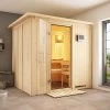 KARIBU Sodin Sauna , Naturbelassen, Fichte, 210x184x202 Cm, Fronteinstieg, Klarglastür U. Kranz, Ofen 4,5 KW Bio Ext. Strg.