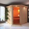 KARIBU Siirin Sauna , Naturbelassen, Fichte, 210x184x202 Cm, Eckeinstieg, Bronzierte Tür U. Kranz, Ofen 4,5 KW Integr. Str.
