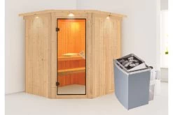 KARIBU Siirin Sauna , Naturbelassen, Fichte, 210x184x202 Cm, Eckeinstieg, Bronzierte Tür U. Kranz, Ofen 4,5 KW Integr. Str. -Warmer Garten 30686 1 02.jpg