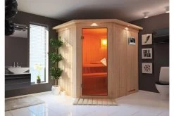 KARIBU Siirin Sauna , Naturbelassen, Fichte, 210x184x202 Cm, Eckeinstieg, Bronzierte Tür U. Kranz, Ofen 4,5 KW Bio Ext. Strg.