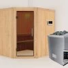KARIBU Siirin Sauna , Naturbelassen, Fichte, 196x170x198 Cm, Eckeinstieg, Graphitfarbene Tür, Ofen 4,5 KW Ext. Strg. Easy