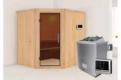 KARIBU Siirin Sauna , Naturbelassen, Fichte, 196x170x198 Cm, Eckeinstieg, Graphitfarbene Tür, Ofen 4,5 KW Ext. Strg. Easy