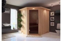 KARIBU Siirin Sauna , Naturbelassen, Fichte, 210x184x202 Cm, Eckeinstieg, Graphitfarbene Tür U.Kranz, Ofen 4,5 KW Integr. Str.