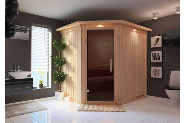 KARIBU Siirin Sauna , Naturbelassen, Fichte, 210x184x202 Cm, Eckeinstieg, Graphitfarbene Tür U.Kranz, Ofen 4,5 KW Integr. Str. 3 KARIBU Siirin Sauna , Naturbelassen, Fichte, 210x184x202 Cm, Eckeinstieg, Graphitfarbene Tür U.Kranz, Ofen 4,5 KW Integr. Str.