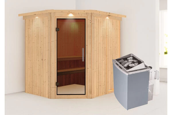 KARIBU Siirin Sauna , Naturbelassen, Fichte, 210x184x202 Cm, Eckeinstieg, Graphitfarbene Tür U.Kranz, Ofen 4,5 KW Integr. Str. 4 KARIBU Siirin Sauna , Naturbelassen, Fichte, 210x184x202 Cm, Eckeinstieg, Graphitfarbene Tür U.Kranz, Ofen 4,5 KW Integr. Str. – Bild 2