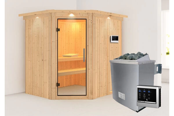 KARIBU Siirin Sauna , Naturbelassen, Fichte, 210x184x202 Cm, Eckeinstieg, Klarglastür U. Kranz, Ofen 4,5 KW Ext. Strg. Easy 4 KARIBU Siirin Sauna , Naturbelassen, Fichte, 210x184x202 Cm, Eckeinstieg, Klarglastür U. Kranz, Ofen 4,5 KW Ext. Strg. Easy – Bild 2