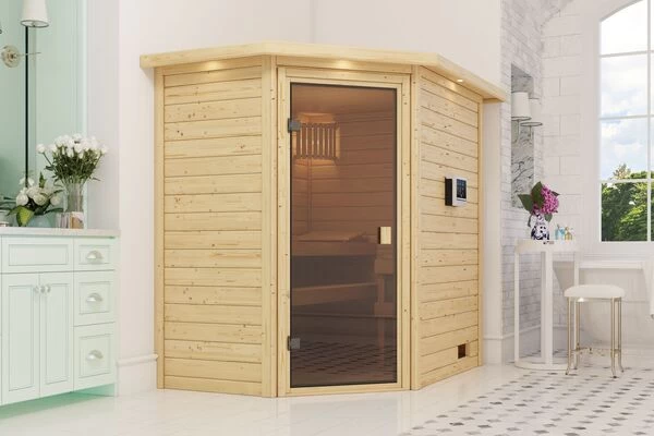 KARIBU Svea Sauna , Naturbelassen, Fichte, 196x146x198 Cm, BronzierteTür, Ofen 4,5 KW Ext. Strg. Easy 3 KARIBU Svea Sauna , Naturbelassen, Fichte, 196x146x198 Cm, BronzierteTür, Ofen 4,5 KW Ext. Strg. Easy